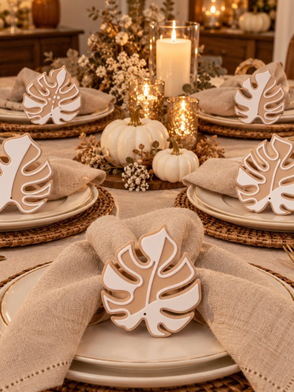 Harvest Elegance Monstera Napkin Rings Set of 6 | Beige & White Decor